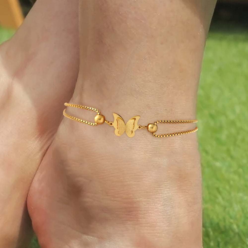 18-Carat Gold Plated Stainless Steel Ankle Bracelet with Butterfly Charm