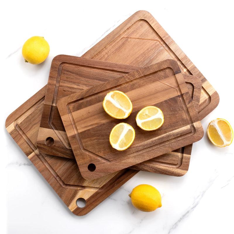 3-Piece Acacia Wood Cutting Board Set with Juice Groove and Storage Stand
