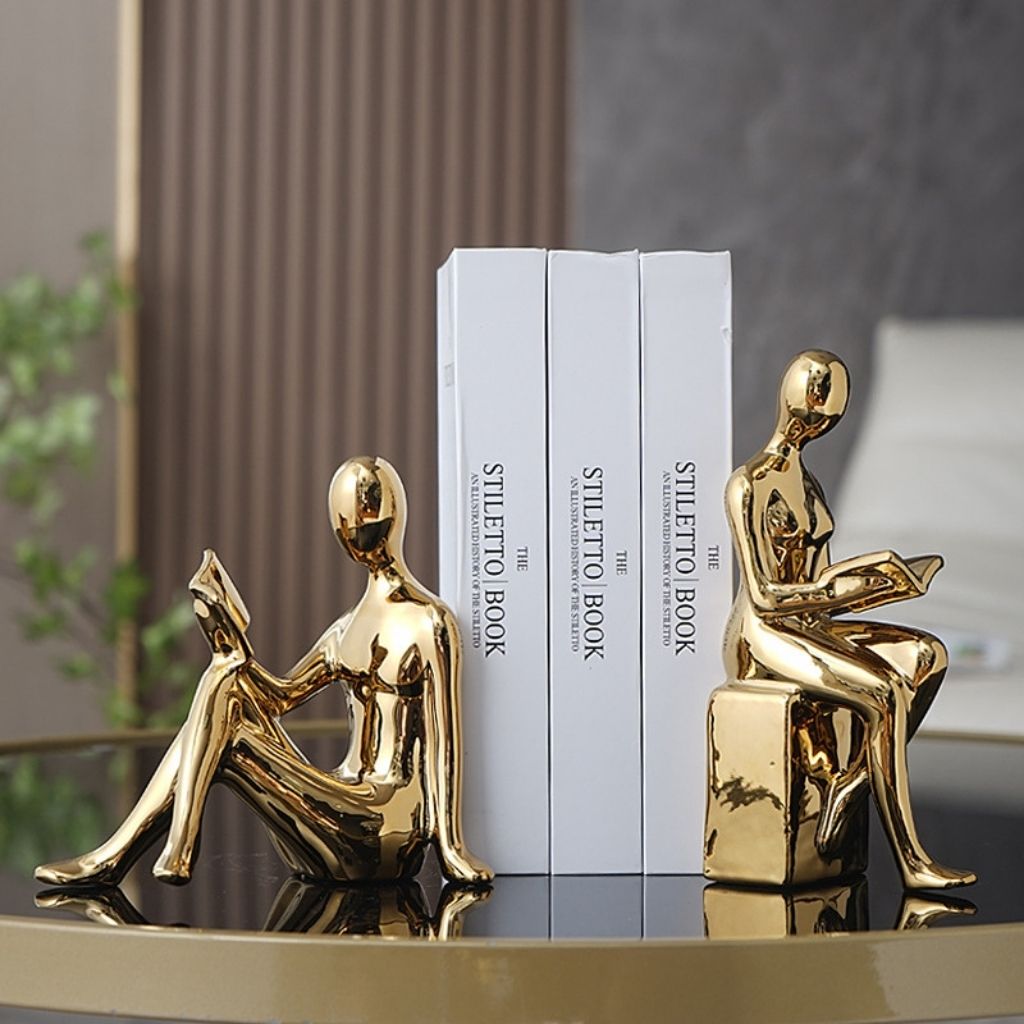 Ceramic Sculptural Bookends with Abstract Reading Figures Set of 2
