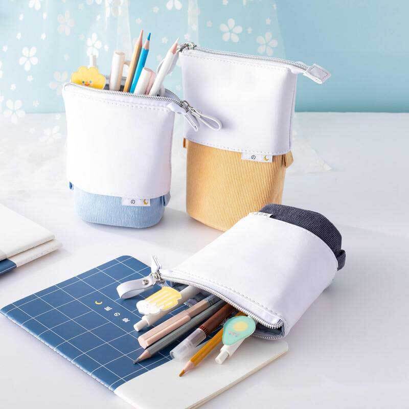 Convertible Pop-Up Pencil Case with Desk Stand and Corduroy Design