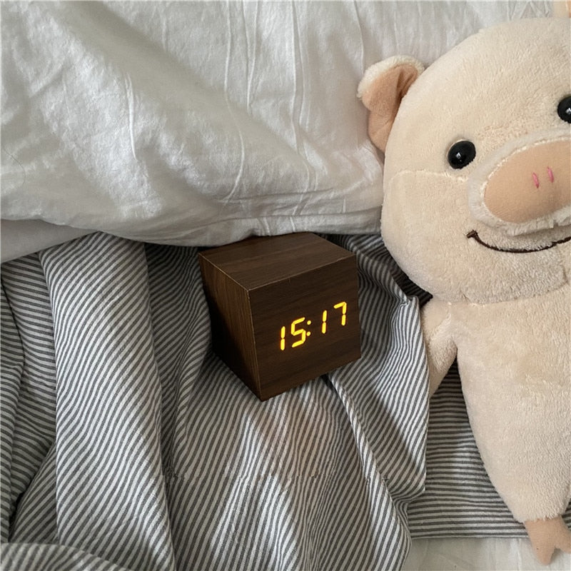 Digital Wooden Desk Clock with Time, Date and Temperature Display