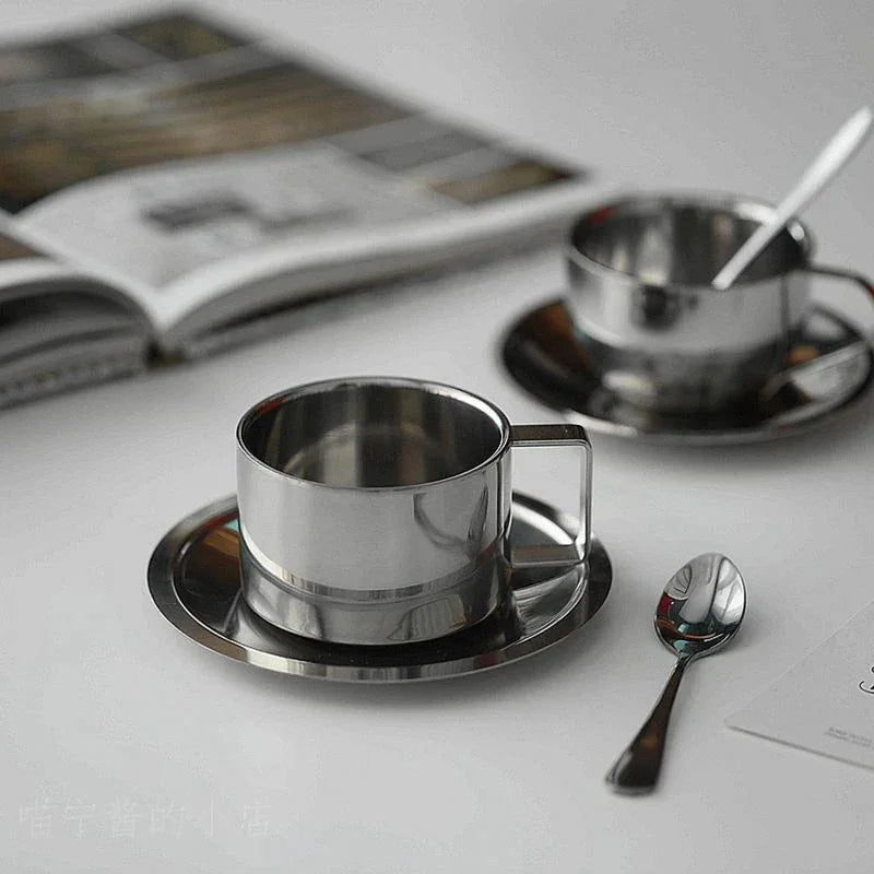 Double-Wall Stainless Steel Coffee Cup Set with Saucer and Spoon