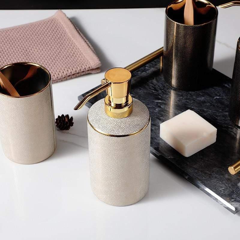 Elegant Ceramic Bathroom Accessory Set with Gold Accents