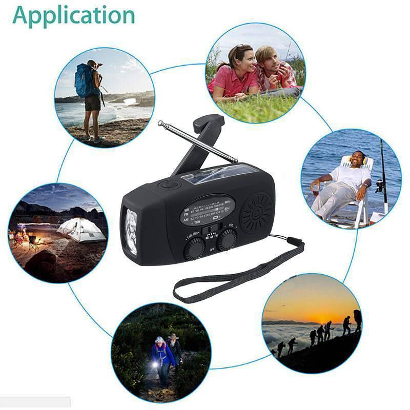 Emergency Hand Crank Radio with Solar Charging, 3-LED Flashlight and USB Power Bank