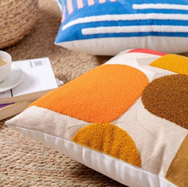 Geometric Flocked Jacquard Cushion Cover with Linen Cotton Blend