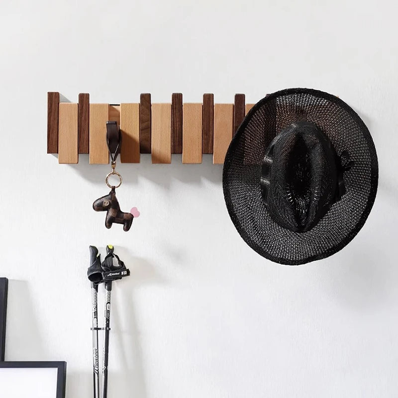 Handmade Piano-Style Wooden Coat Rack with Foldable Hooks for Wall Mounting