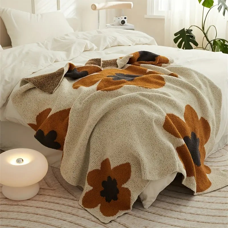 Knitted Floral Throw Blanket for Soft Warmth and Decorative Style