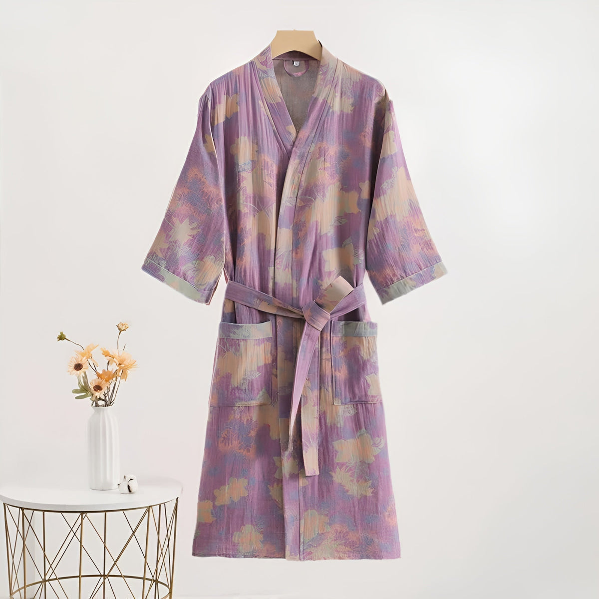 Lightweight Cotton Gauze Kimono Robe with Floral Print