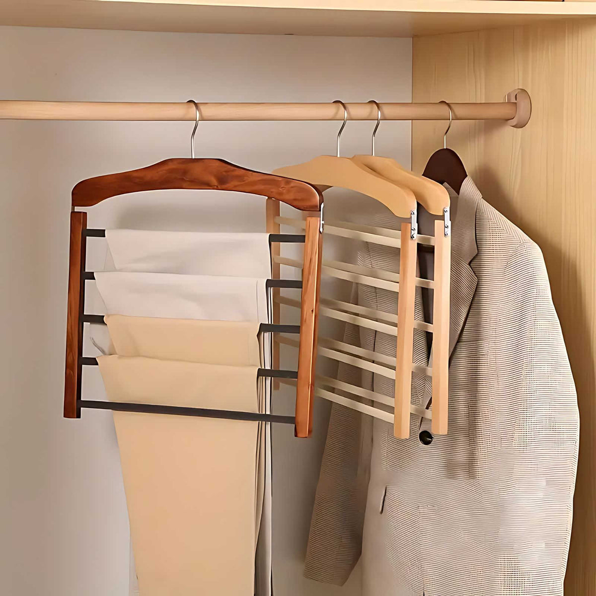 Multi-Tier Wooden and Metal Clothes Hanger for Space-Saving Wardrobe Organisation