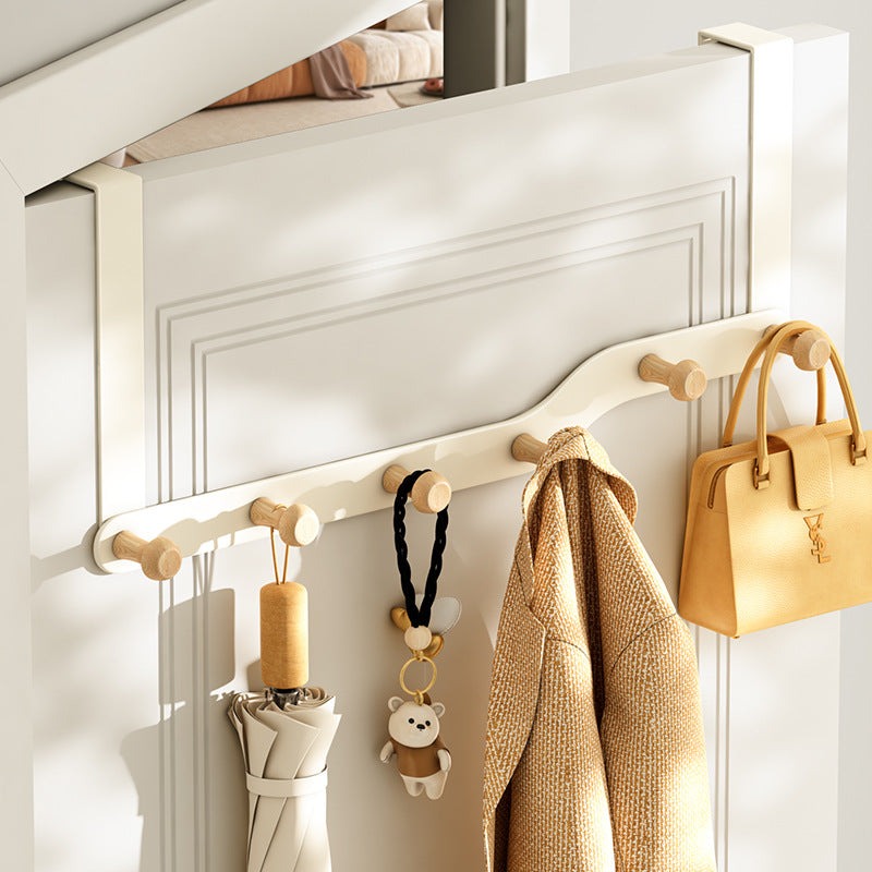 Over the Door Coat Rack with Six Wooden Hooks and Matte Black Metal Frame
