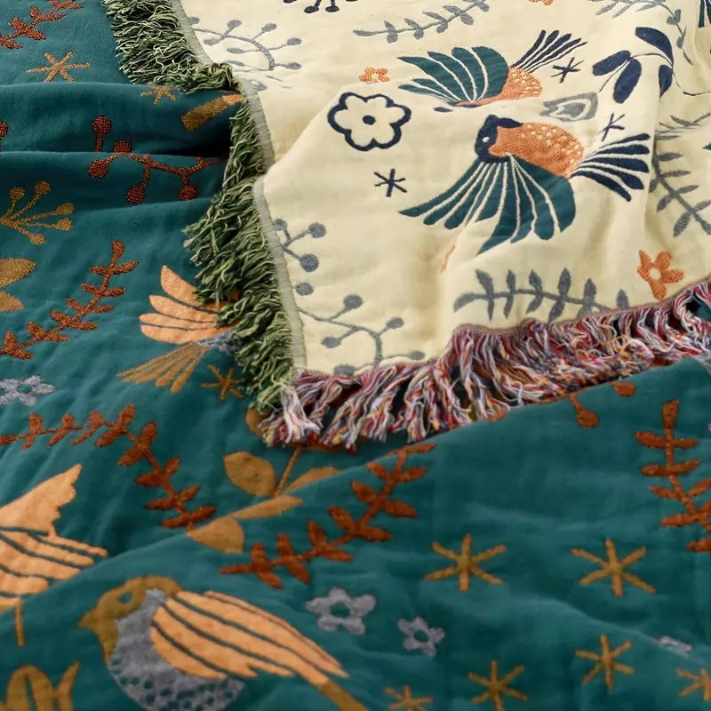 Reversible Cotton Throw Blanket with Scandinavian Bird Design