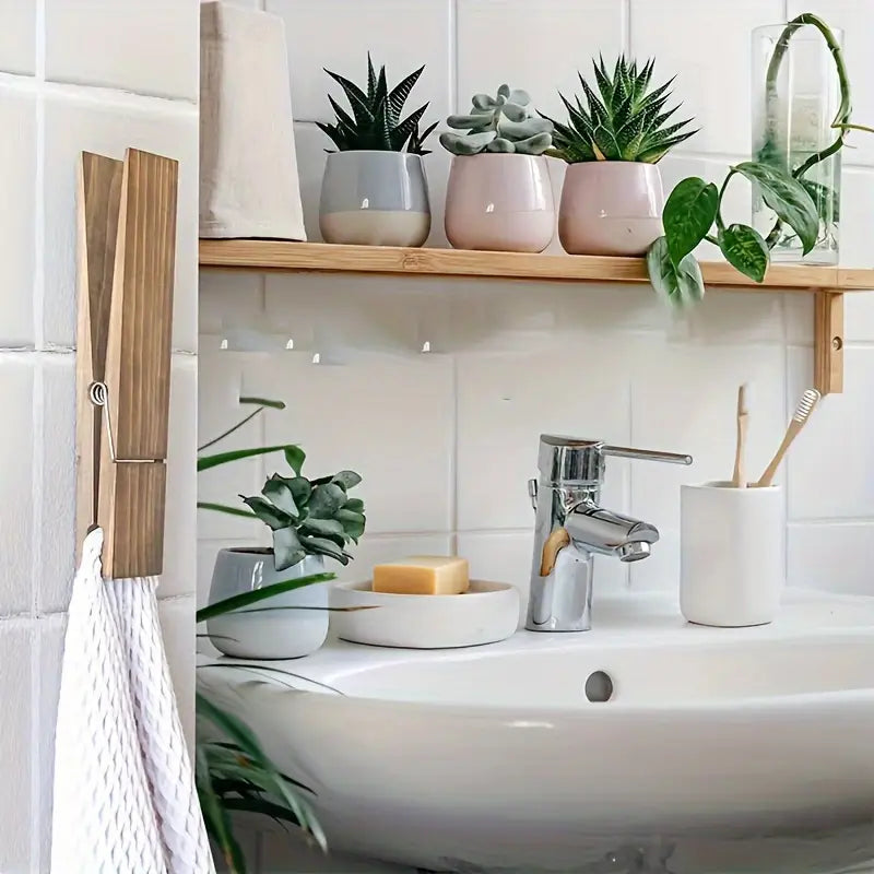 Solid Wood Wall Hooks with Sculptural Peg Design and Self Adhesive Mounting