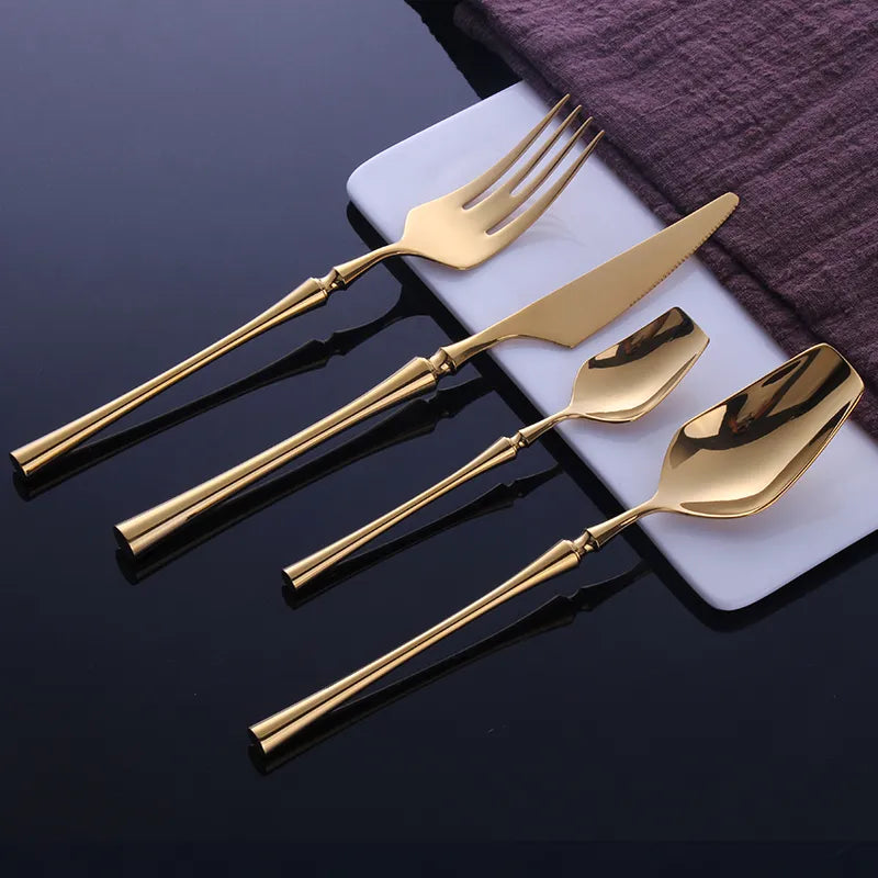 Stainless Steel Cutlery Set with Gold Accents and Polished Finish