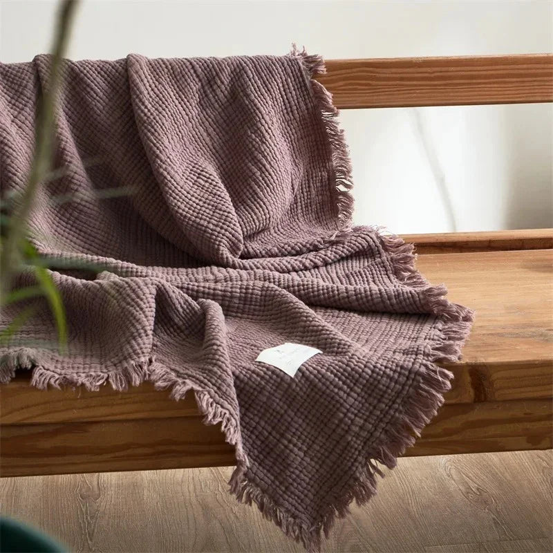 Waffle-Weave Cotton Throw Blanket with Fringe for Sofa and Bed