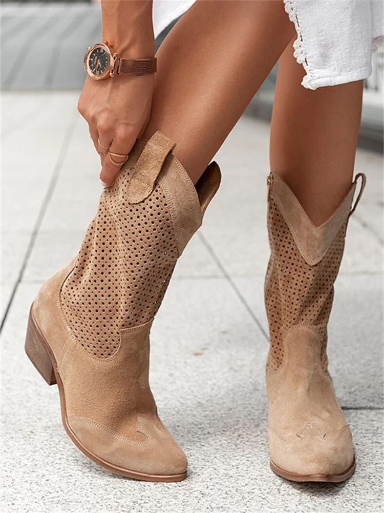 Women's Beige Cowboy Boots with Breathable Design