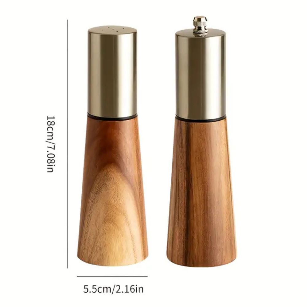 Wooden Pepper Mill with Adjustable Grind and Gold Stainless Steel Details