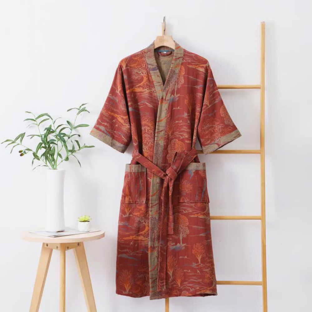 100% Cotton Double-Layer Kimono Bathrobe with Wide Sleeves and Lightweight Feel