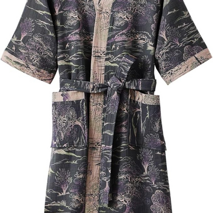100% Cotton Double-Layer Kimono Bathrobe with Wide Sleeves and Lightweight Feel