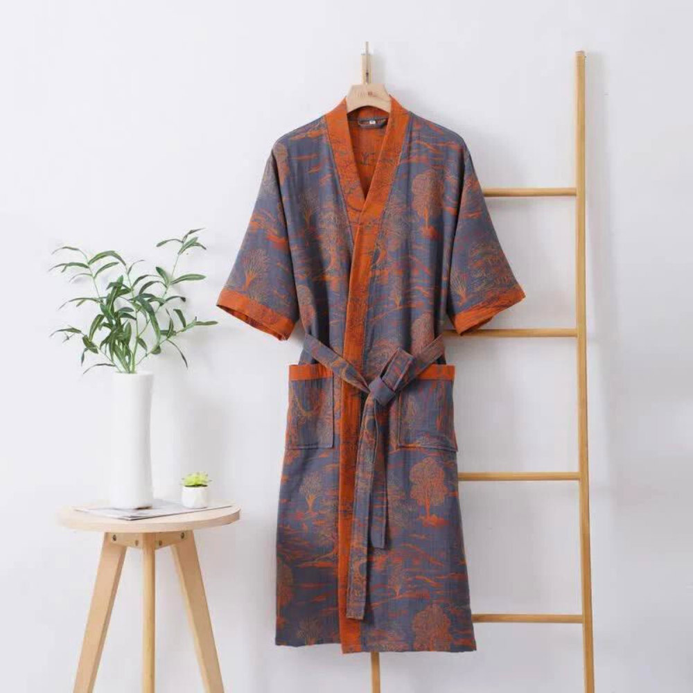 100% Cotton Double-Layer Kimono Bathrobe with Wide Sleeves and Lightweight Feel