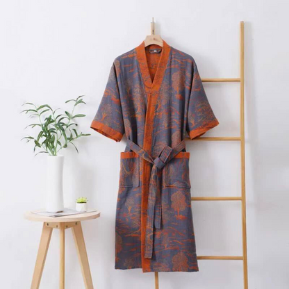 100% Cotton Double-Layer Kimono Bathrobe with Wide Sleeves and Lightweight Feel