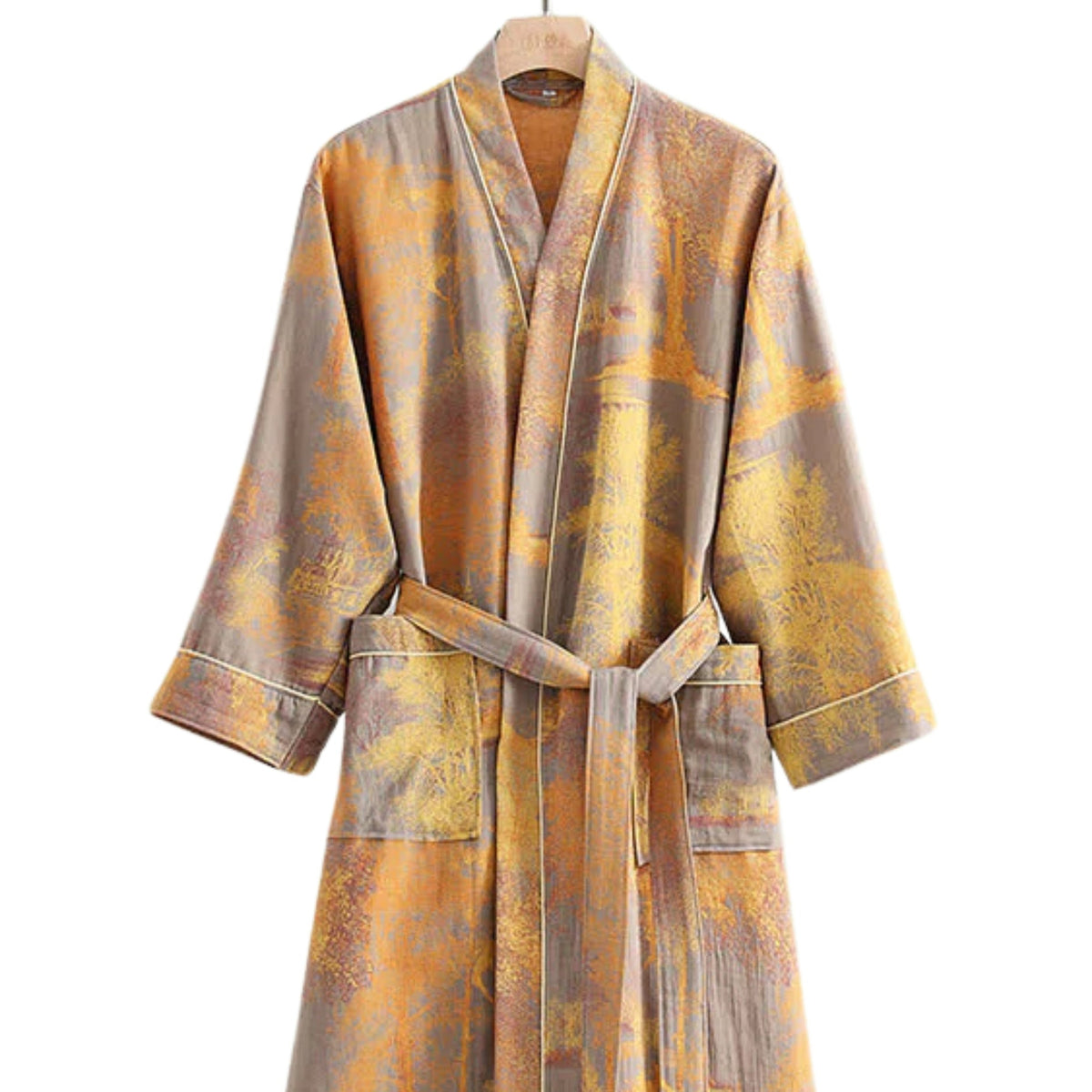 100% Cotton Gauze Kimono Robe with Long Sleeves and Relaxed Fit