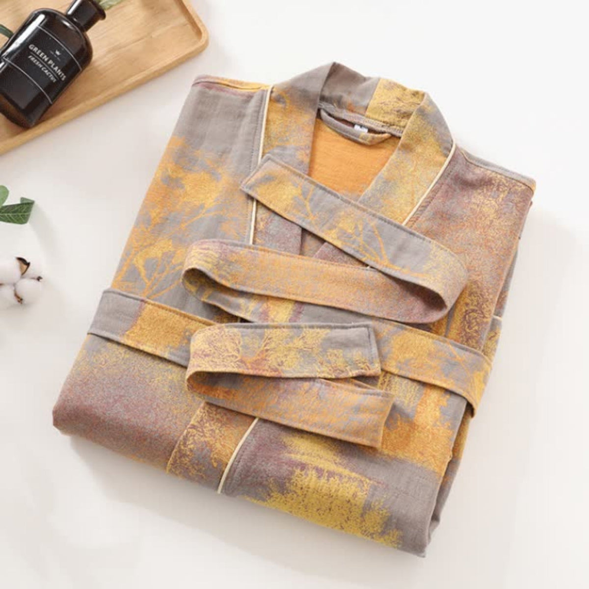 100% Cotton Gauze Kimono Robe with Long Sleeves and Relaxed Fit