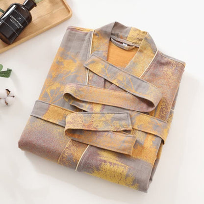 100% Cotton Gauze Kimono Robe with Long Sleeves and Relaxed Fit