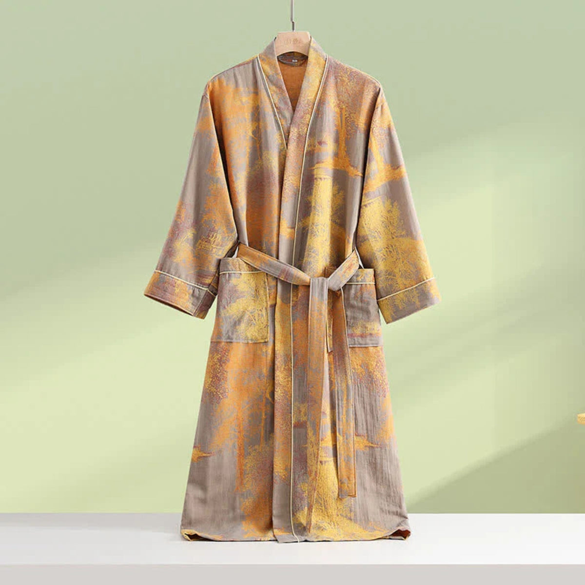 100% Cotton Gauze Kimono Robe with Long Sleeves and Relaxed Fit