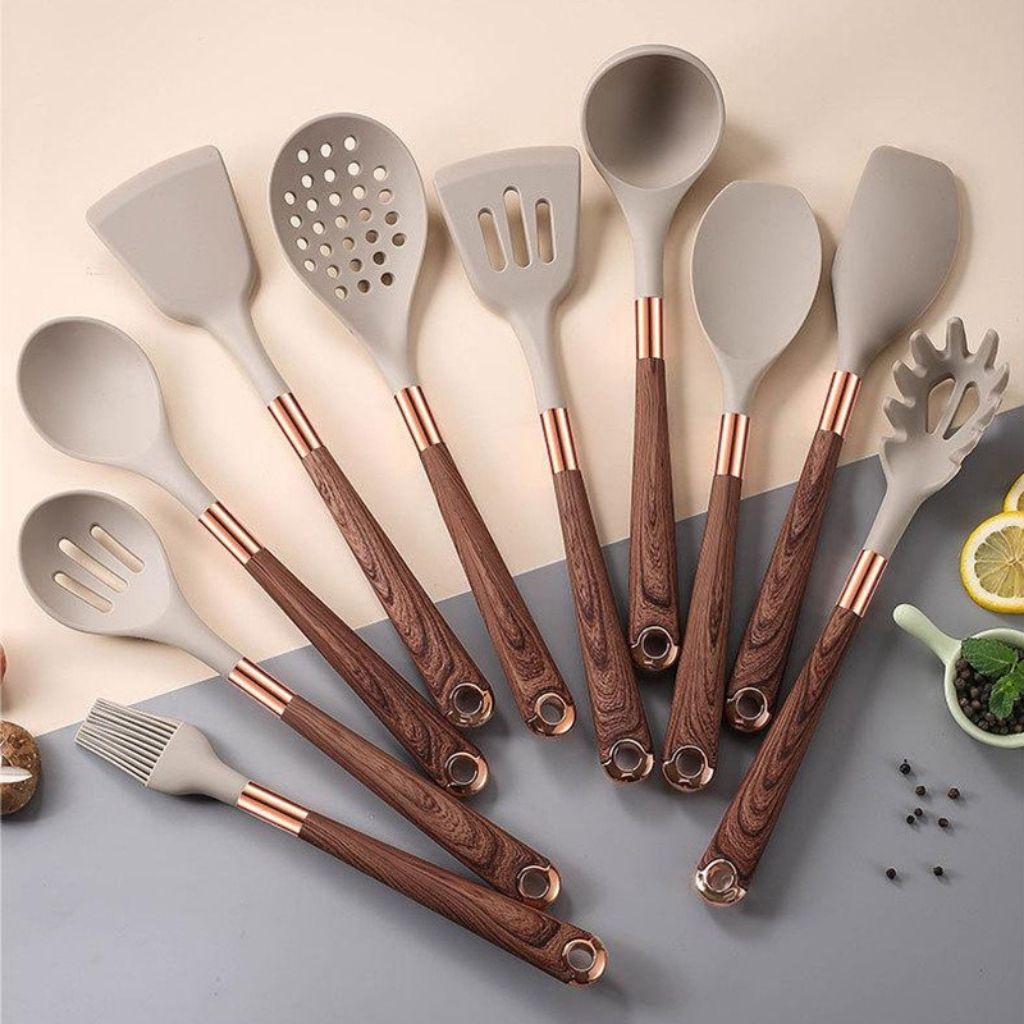 11 Piece Silicone Kitchen Utensil Set with Wooden Handles and Storage Container