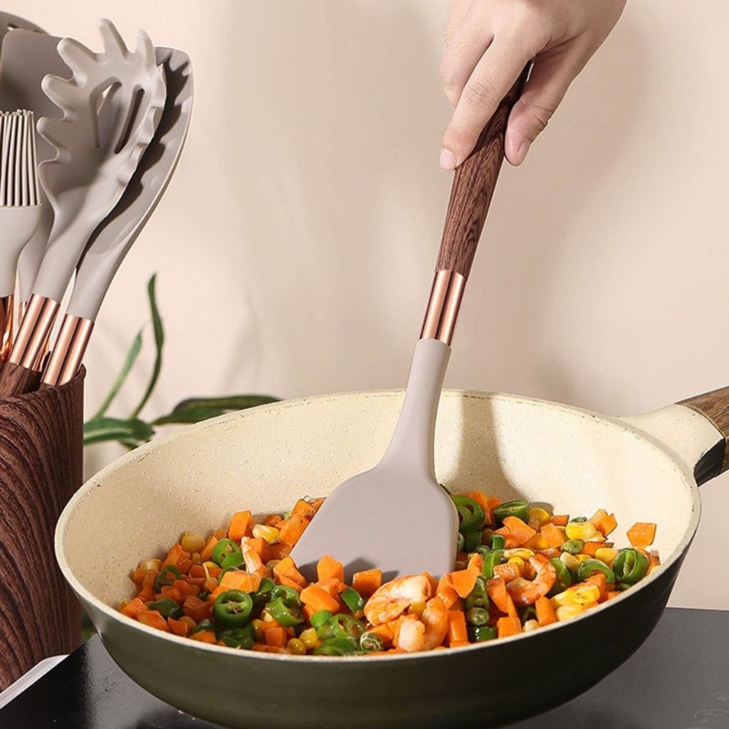 11 Piece Silicone Kitchen Utensil Set with Wooden Handles and Storage Container