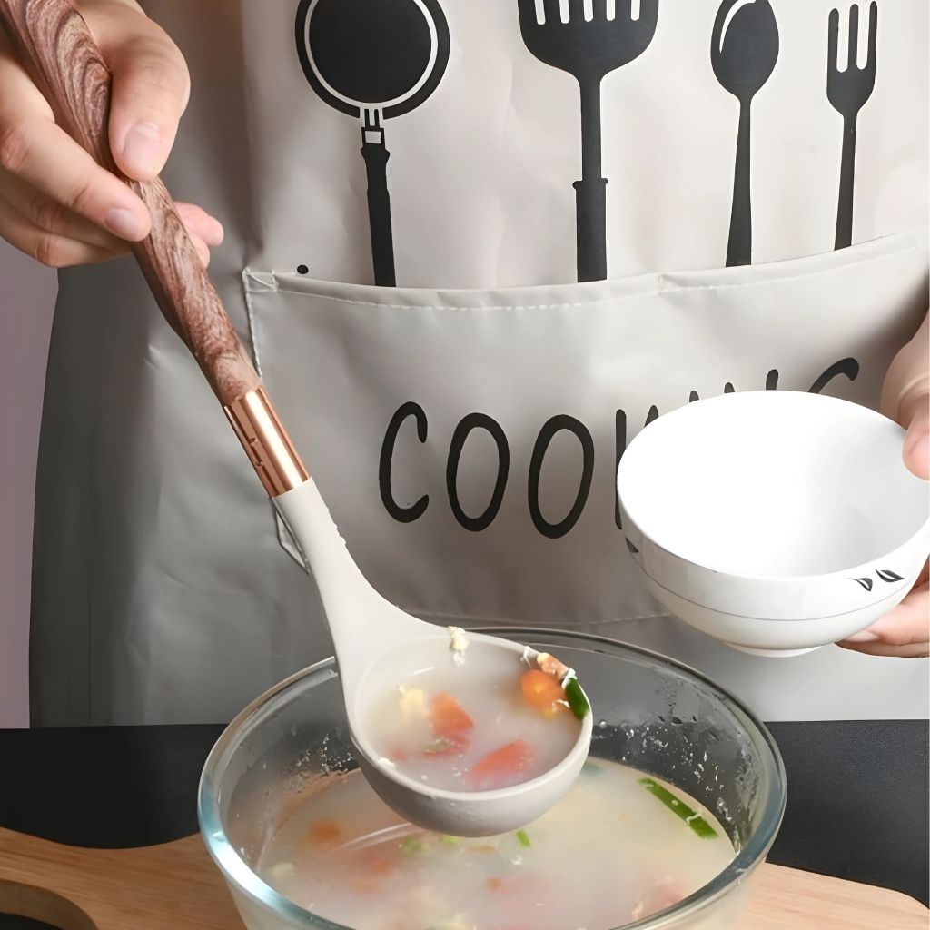 11 Piece Silicone Kitchen Utensil Set with Wooden Handles and Storage Container