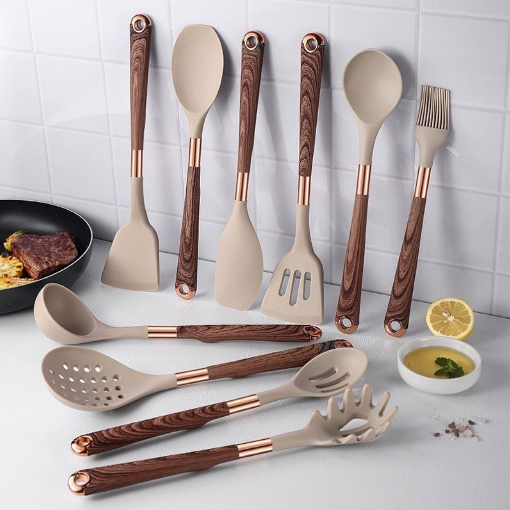 11 Piece Silicone Kitchen Utensil Set with Wooden Handles and Storage Container