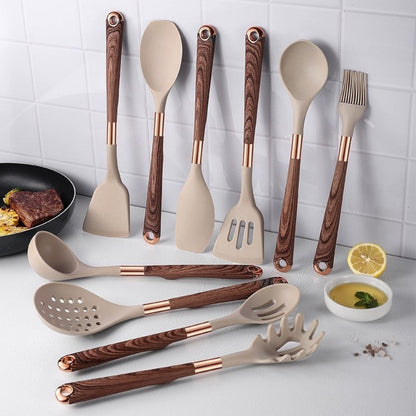 11 Piece Silicone Kitchen Utensil Set with Wooden Handles and Storage Container