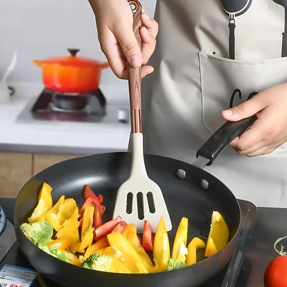 11 Piece Silicone Kitchen Utensil Set with Wooden Handles and Storage Container