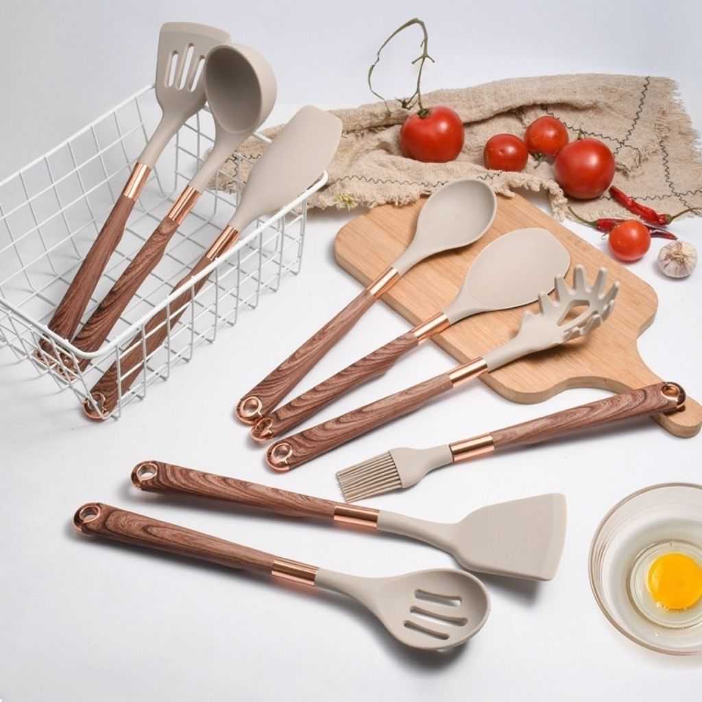 11 Piece Silicone Kitchen Utensil Set with Wooden Handles and Storage Container