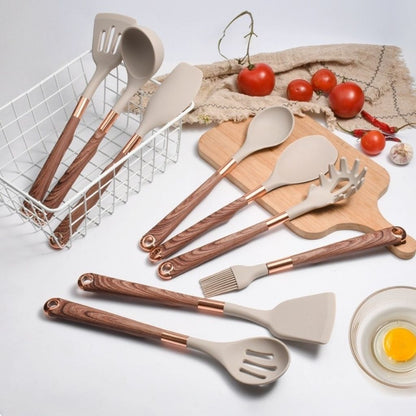 11 Piece Silicone Kitchen Utensil Set with Wooden Handles and Storage Container