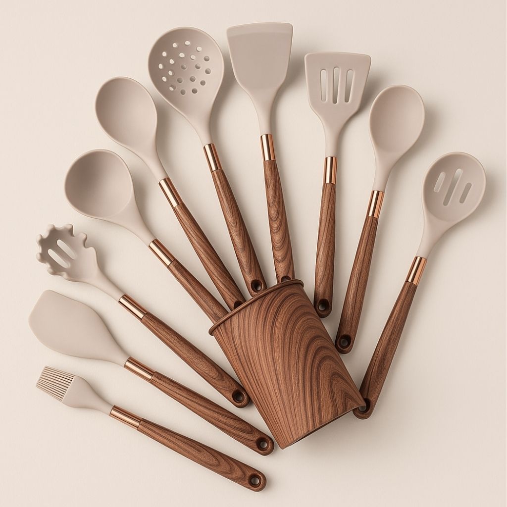 11 Piece Silicone Kitchen Utensil Set with Wooden Handles and Storage Container