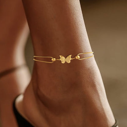 18-Carat Gold Plated Stainless Steel Ankle Bracelet with Butterfly Charm