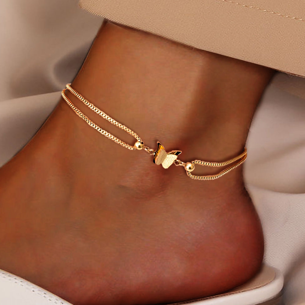 18-Carat Gold Plated Stainless Steel Ankle Bracelet with Butterfly Charm