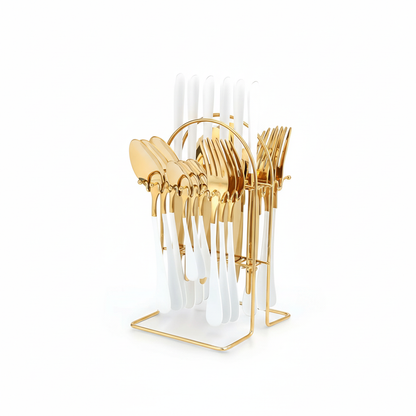 24 Piece Stainless Steel Cutlery Set with Storage Rack and Glossy Finish