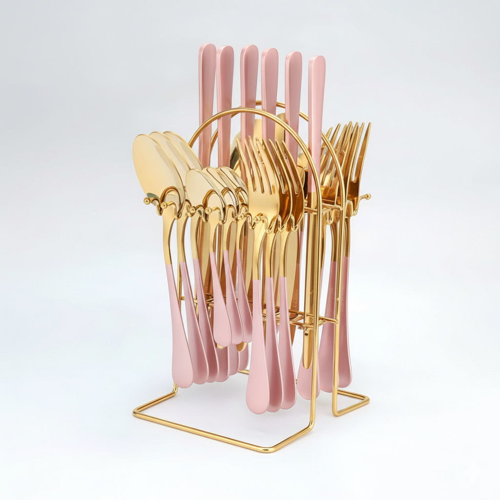 24 Piece Stainless Steel Cutlery Set with Storage Rack and Glossy Finish