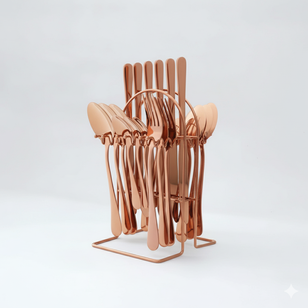 24 Piece Stainless Steel Cutlery Set with Storage Rack and Glossy Finish