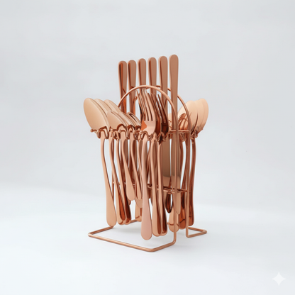24 Piece Stainless Steel Cutlery Set with Storage Rack and Glossy Finish