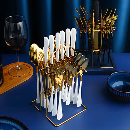 24 Piece Stainless Steel Cutlery Set with Storage Rack and Glossy Finish