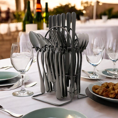 24 Piece Stainless Steel Cutlery Set with Storage Rack and Glossy Finish