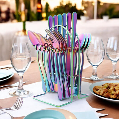 24 Piece Stainless Steel Cutlery Set with Storage Rack and Glossy Finish