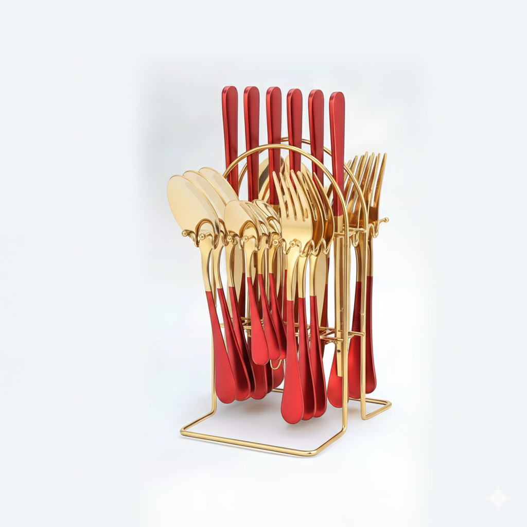 24 Piece Stainless Steel Cutlery Set with Storage Rack and Glossy Finish
