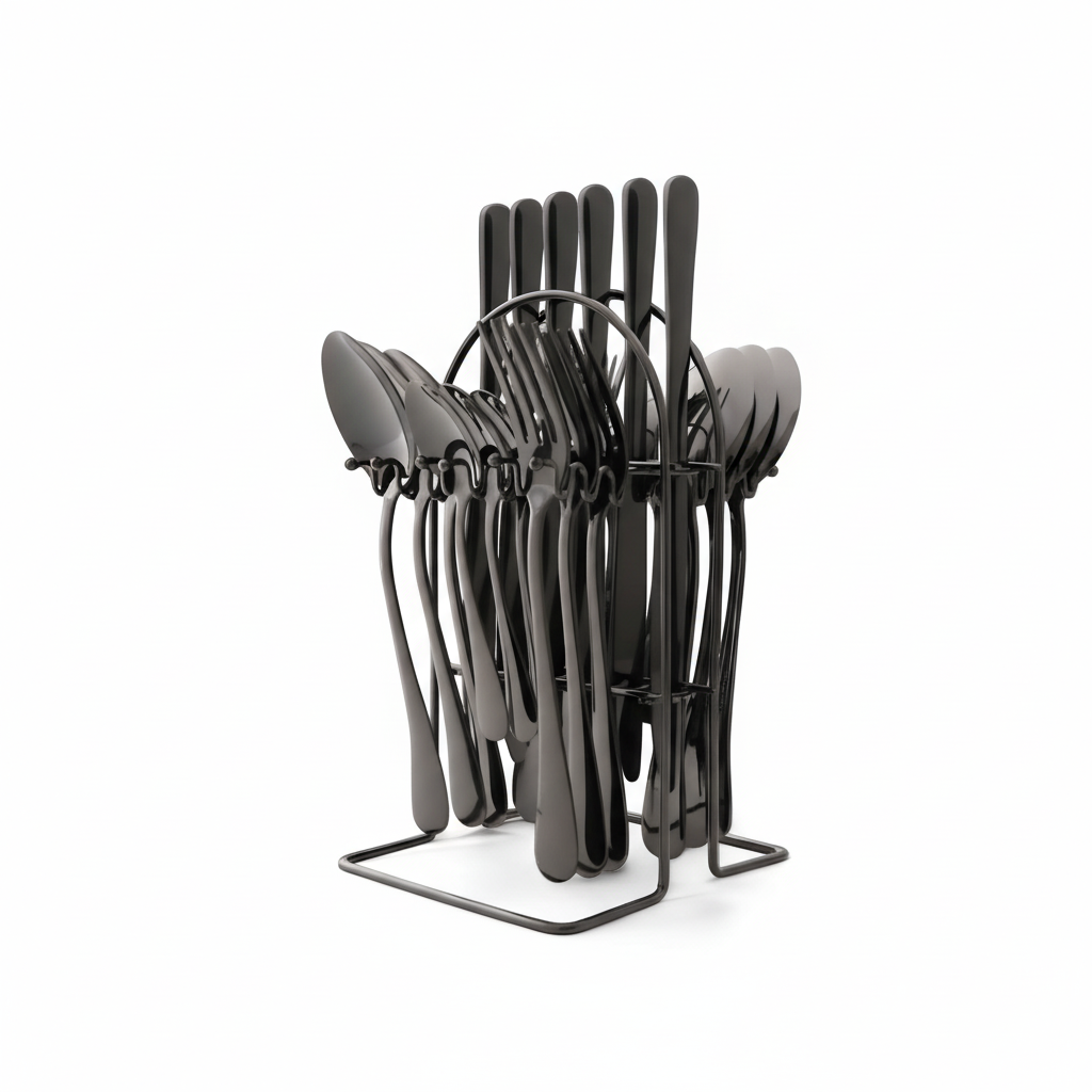 24 Piece Stainless Steel Cutlery Set with Storage Rack and Glossy Finish