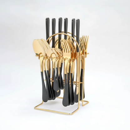 24 Piece Stainless Steel Cutlery Set with Storage Rack and Glossy Finish