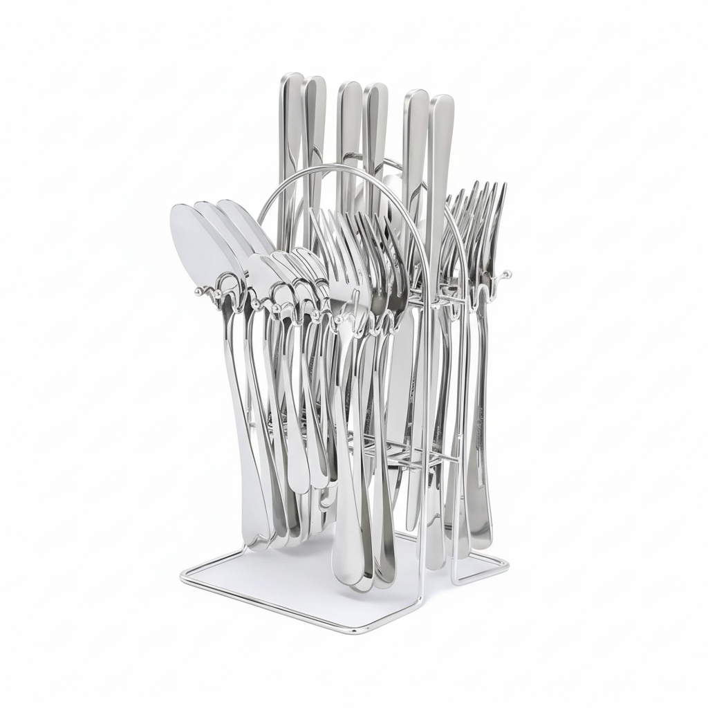 24 Piece Stainless Steel Cutlery Set with Storage Rack and Glossy Finish